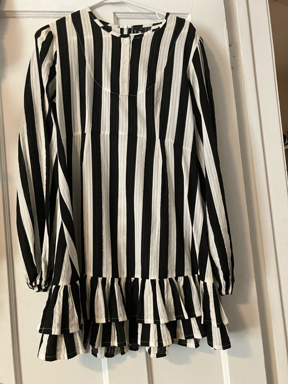 Skingraft Black and White Long Sleeve Striped drop waist, Ruffle Dress